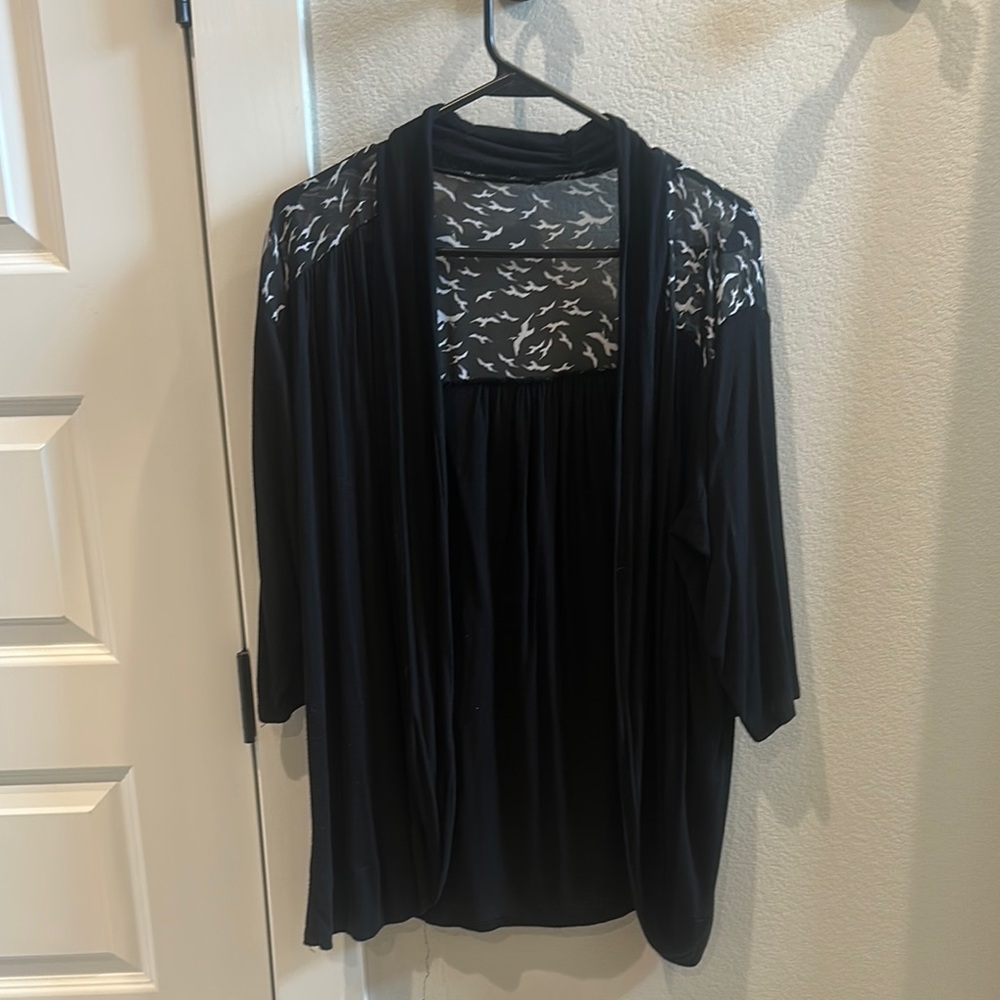 GUC Women’s Black Kimono Open Cardigan with sheer Bird Pattern Plus Size 1x